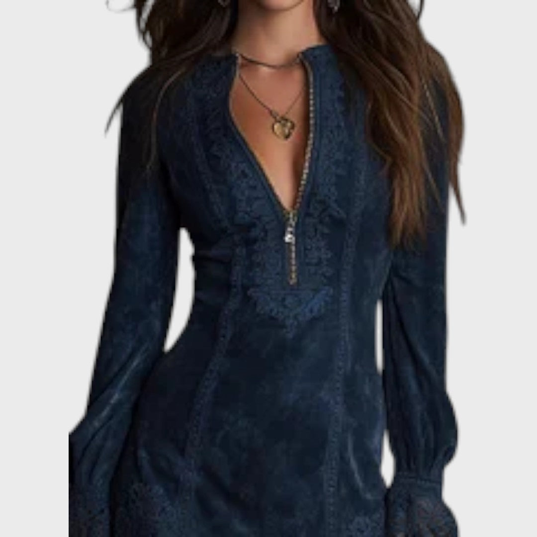 Rachel – Mini abito in camoscio blu con pizzo