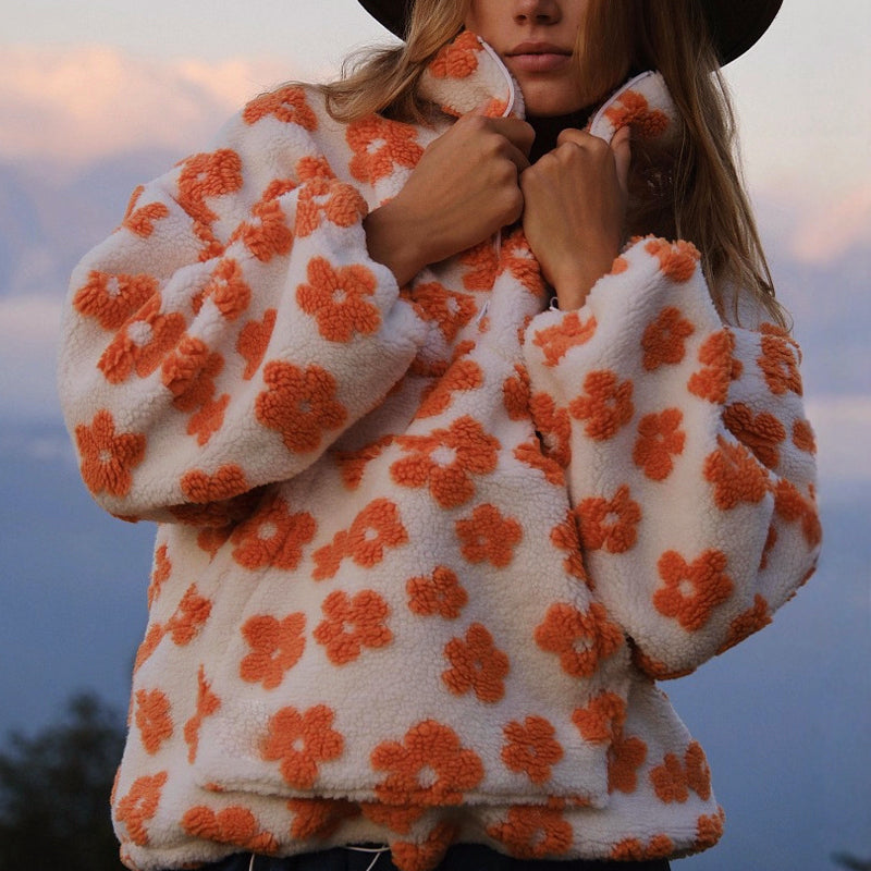 Felpa in pile con zip a metà e motivo floreale per donne
