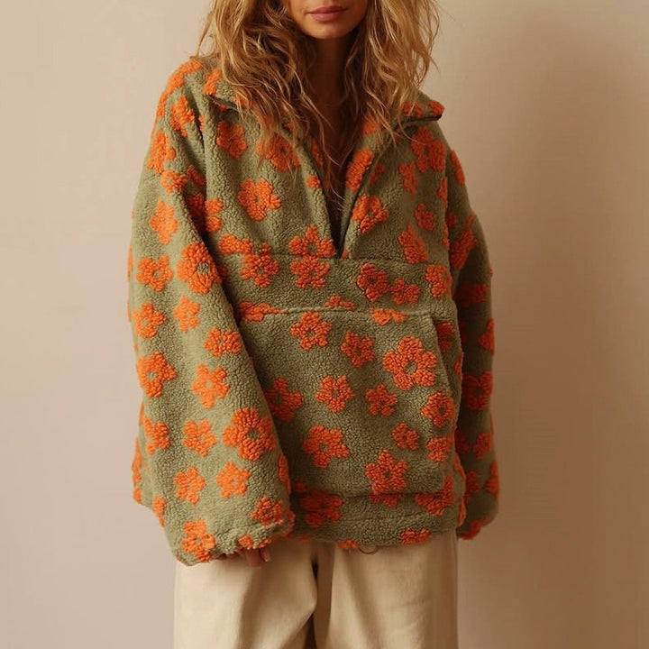 Felpa in pile con zip a metà e motivo floreale per donne